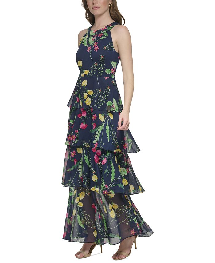 Tommy hilfiger printed chiffon tier maxi dress store