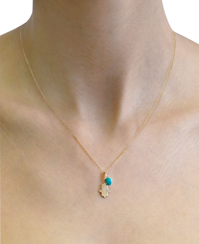 Diamond Accent & Sleeping Beauty Turquoise Hamsa Hand Two Charm Pendant  Necklace in 14k Gold, 16 + 1 extender