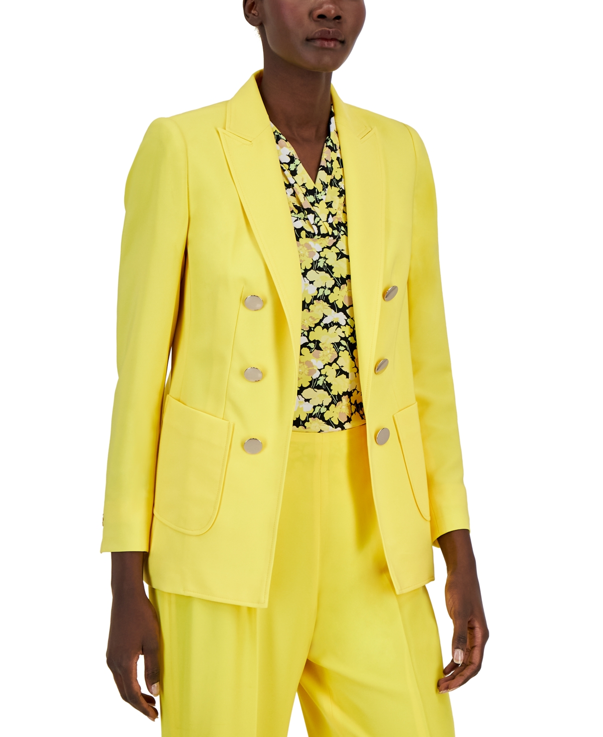 Anne Klein Women's Peak-lapel Relaxed Buttoned-cuff Blazer In Bright Daffodil