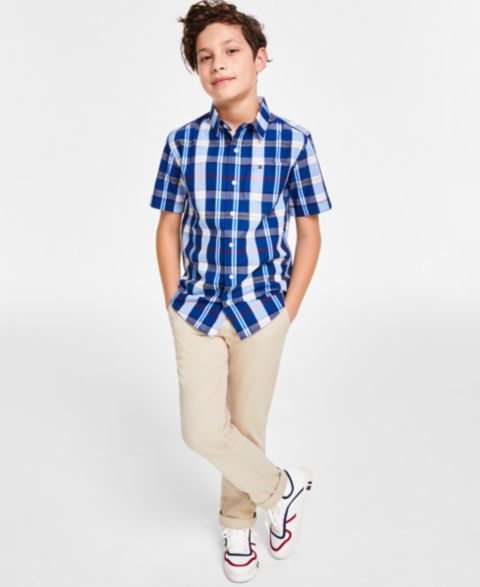 Брюки Tommy Hilfiger Campus Plaid Shirt & Flat-Front Stretch Chino Pants для мальчиков, цвет: Золотой хаки