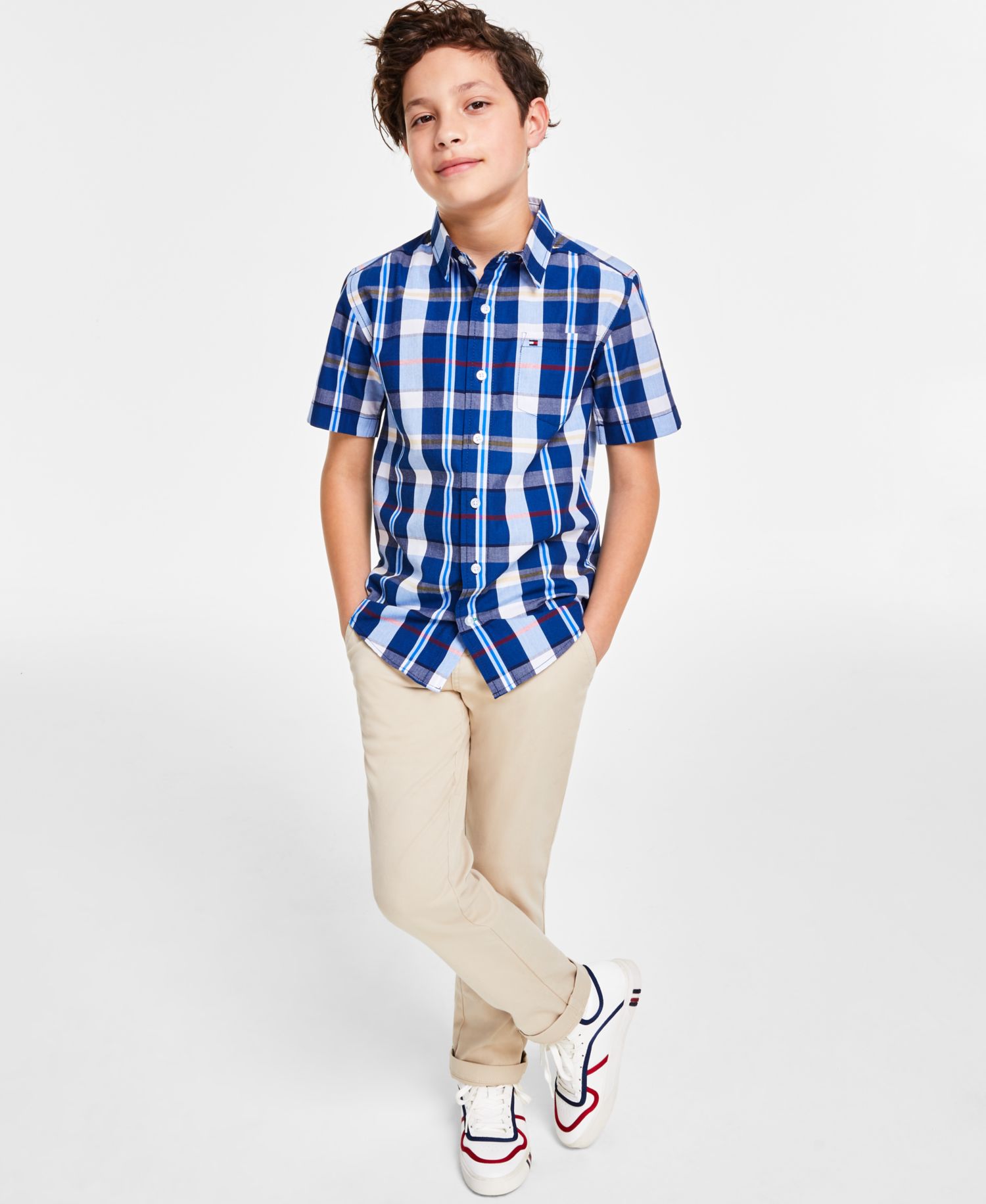 Toddler, Little & Big Boys Campus Plaid Shirt & Flat-Front Stretch Chino Pants