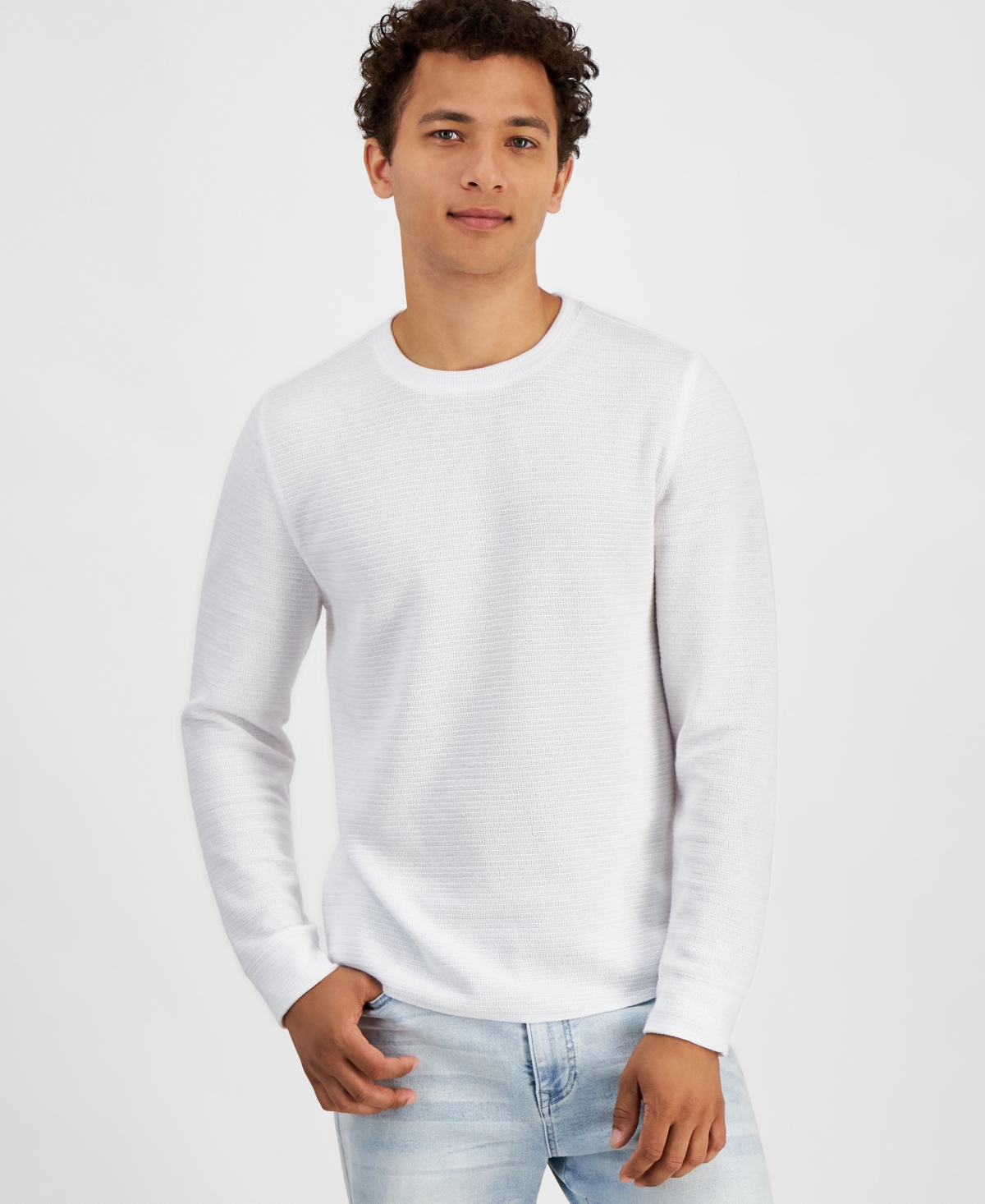 Men's Regular-Fit Ribbed-Knit Long-Sleeve T-Shirt, Created for Macy's - Bright White