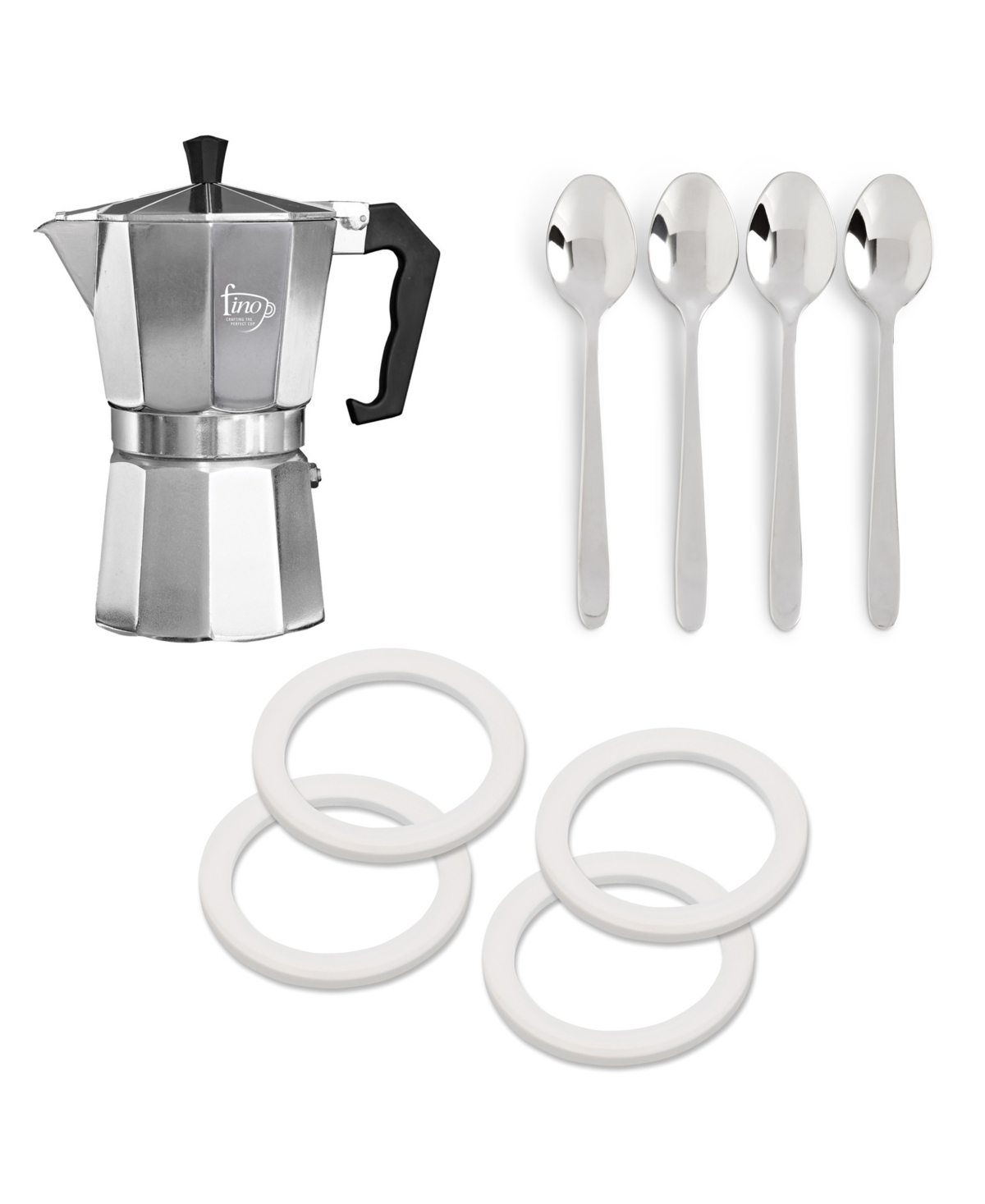 Fino Stovetop Espresso Coffee Maker (brews 6-servings) With 4 Demi Spoons And 4 Exact Replacement Silicon In Silver