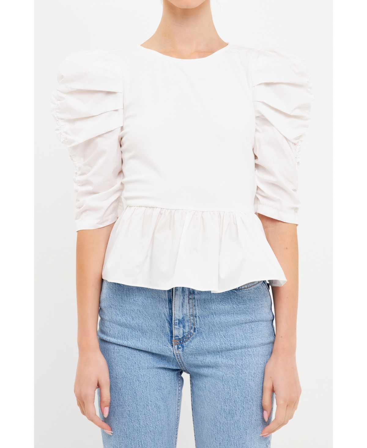 English Factory Pleated Puff Sleeve Peplum Blouse In White