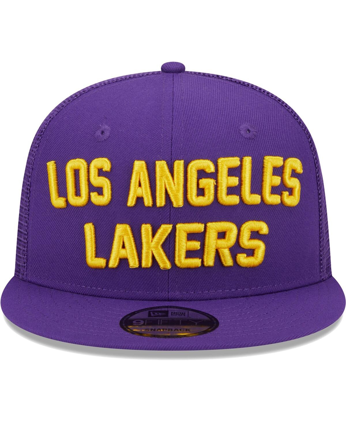 Shop New Era Men's  Purple Los Angeles Lakers Stacked Script 9fifty Trucker Snapback Hat