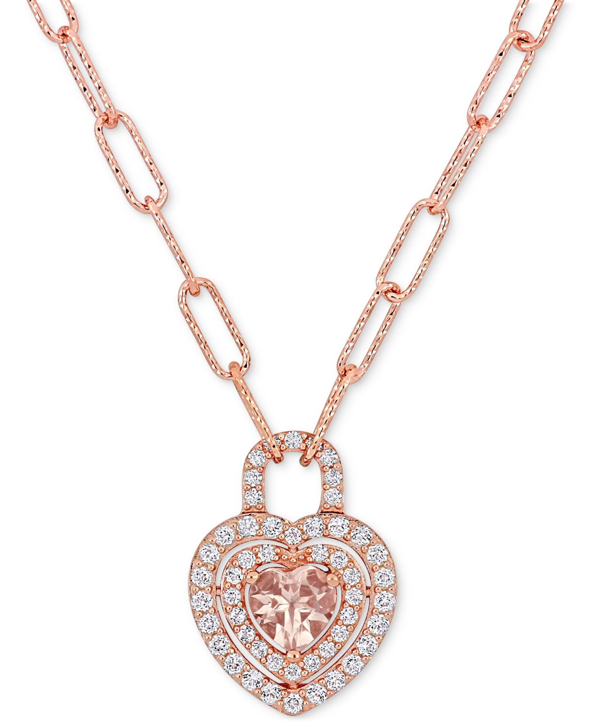 Macy's Morganite (5/8 Ct. T.w.) & White Topaz (7/8 Ct. T.w.) Heart Padlock 18" Pendant Necklace In 18k Rose