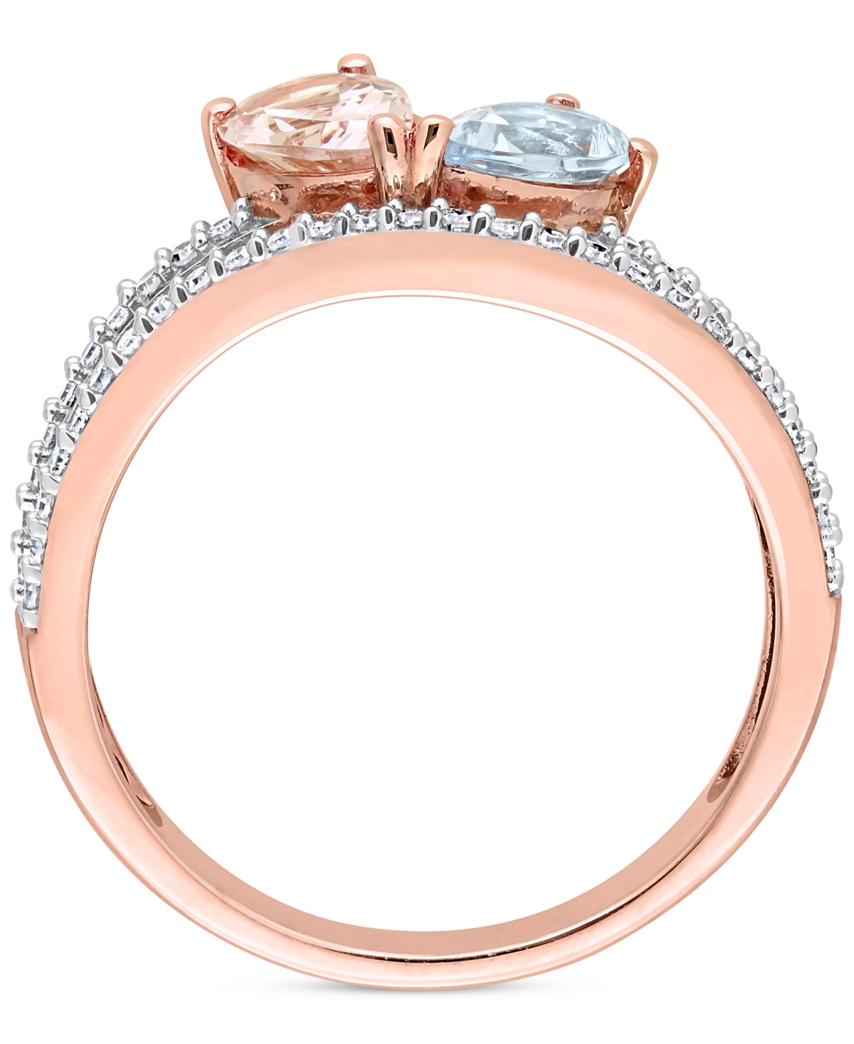 Morganite (3/4 ct. t.w.), Aquamarine (3/8 ct. t.w.) & Diamond (1/4 ct. t.w.) Double Row Ring in 10k- Rose Gold