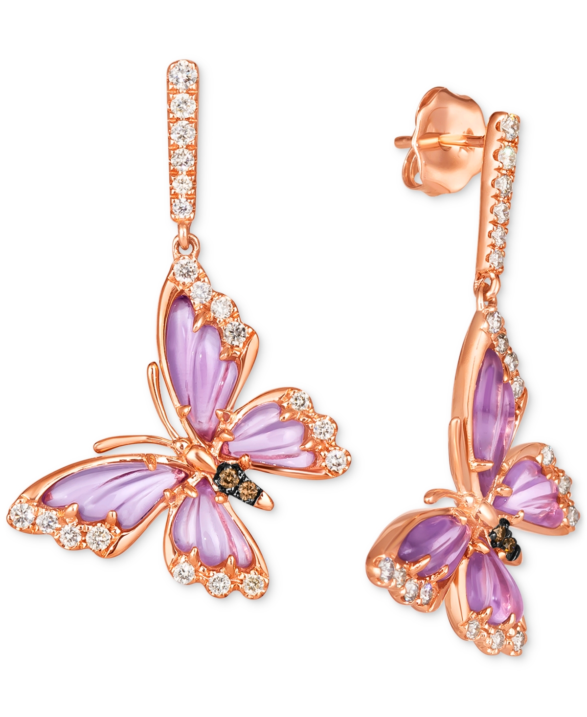 Grape Amethyst (2-1/3 ct. t.w.) & Diamond (3/8 ct. t.w.) Butterfly Drop Earrings in 14k Rose Gold - K Strawberry Gold Earrings