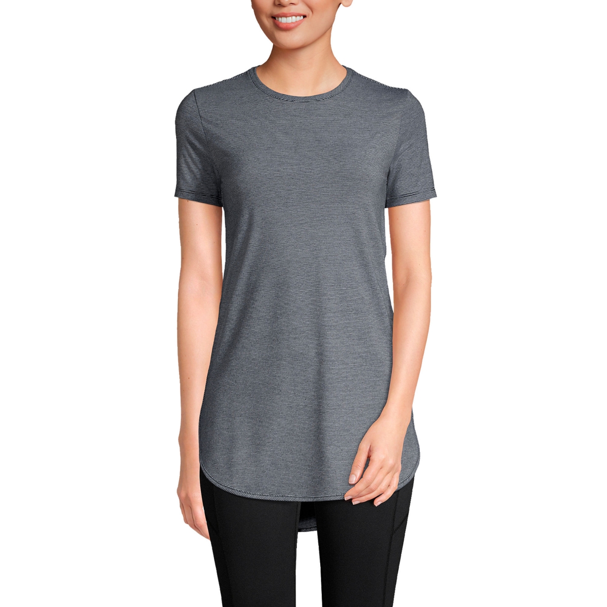 Women's Moisture Wicking Upf Sun Short Sleeve Curved Hem Tunic Top - Black pinstripe