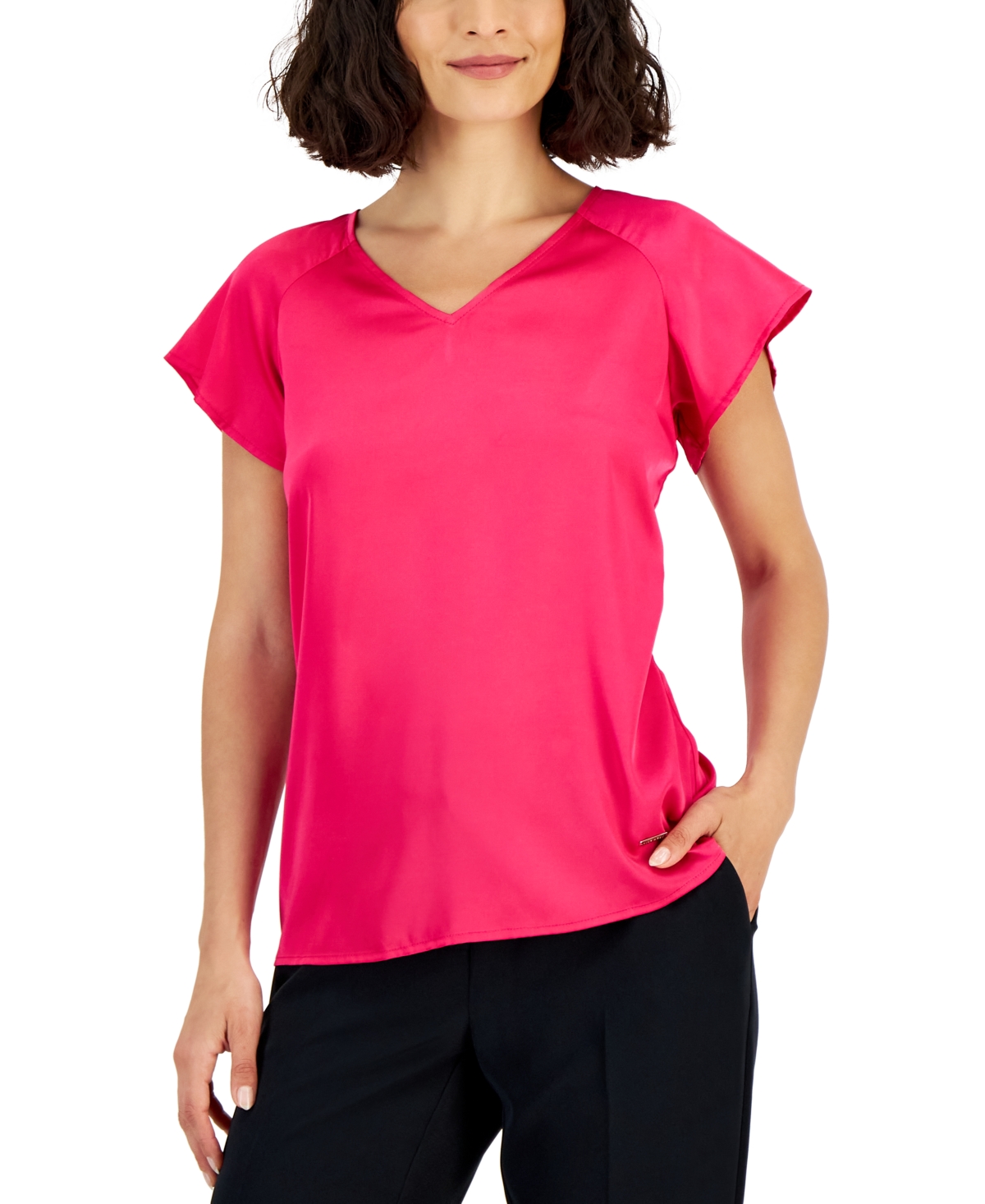 Nine West Women's Satin Tie-back Flutter-sleeve Top In Pink Perfection