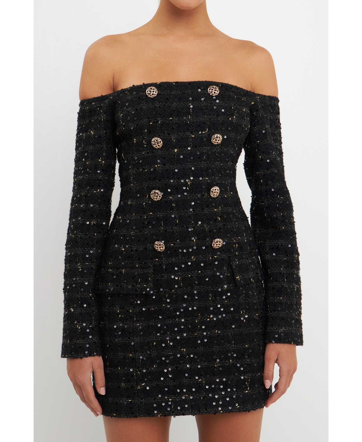 fitted lace wedding dress Black Tweed Fake Two-Piece Long Sleeve Vintage Dress main image 1