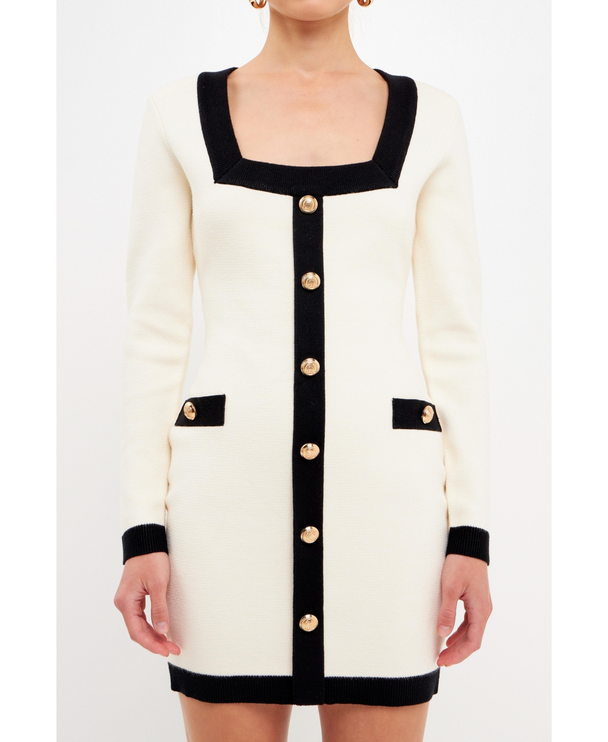 Endless Rose Contrast Trim Long Sleeve Knit Minidress In Cream/black