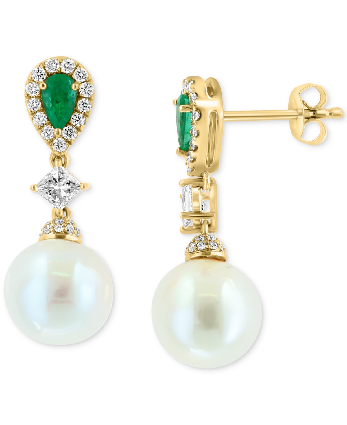 Effy Collection Effy Freshwater Pearl (9mm), Emerald (3/8 Ct. T.w.) & Diamond (5/8 Ct. T.w.) Drop Earrings In 14k Go In K Gold