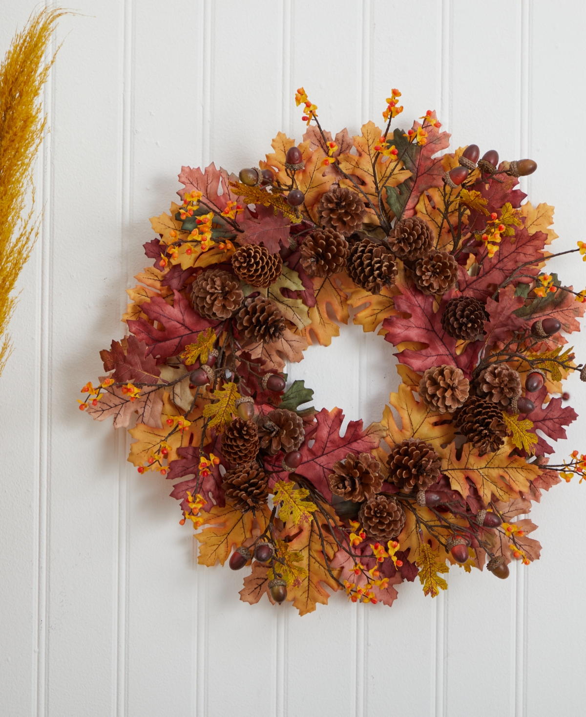 NEARLY NATURAL 24" OAK LEAF, ACORN AND PINE WREATH 