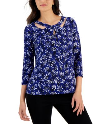 Kasper - Petite Printed 3/4-Sleeve Twist-Neckline Top