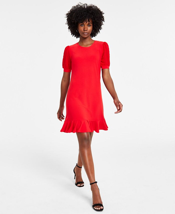 CeCe Women's Mixed-Media Puffed Clip Dot Sleeve Dress - Macy's