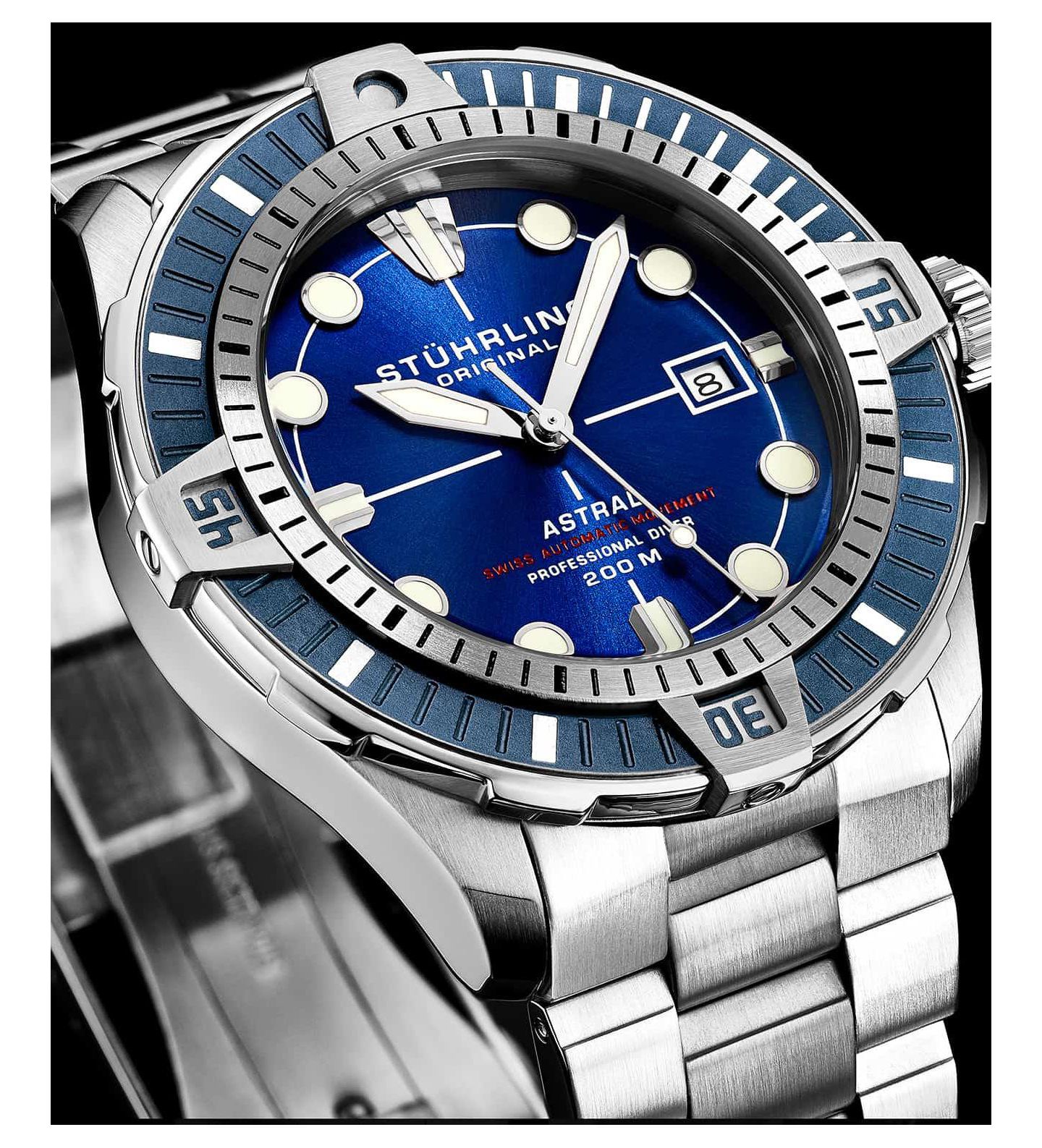 Мужские часы Stuhrling Astral Diver 44mm Swiss Automatic Watch, Blue Dial, Stainless Steel Bracelet, Rotating Bezel, 200M Water Resistant, цвет: Серебряный — фото 2