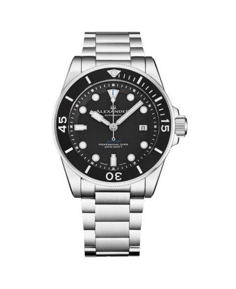 Мужские часы Alexander Vathos3 Swiss Made Diver Watch 43mm Silver Tone Stainless Steel Case Black Dial Rotating Bezel Sapphire Crystal 200M Water Resistant, цвет: Серебряный