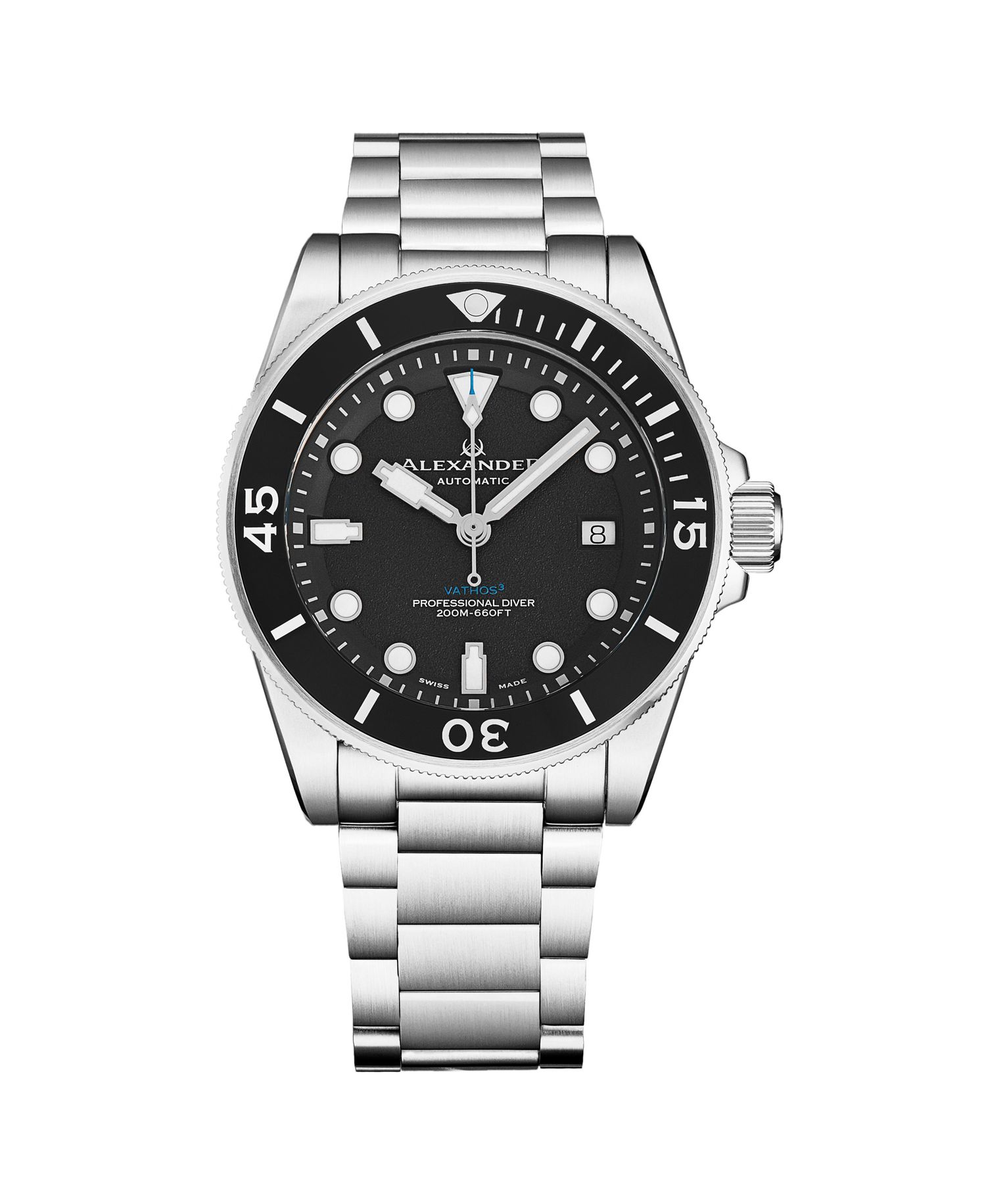 Vathos3 Men's Swiss Made Diver Watch 43mm Silver Tone Stainless Steel Case Black Dial Rotating Bezel Sapphire Crystal 200M Water Resistant
