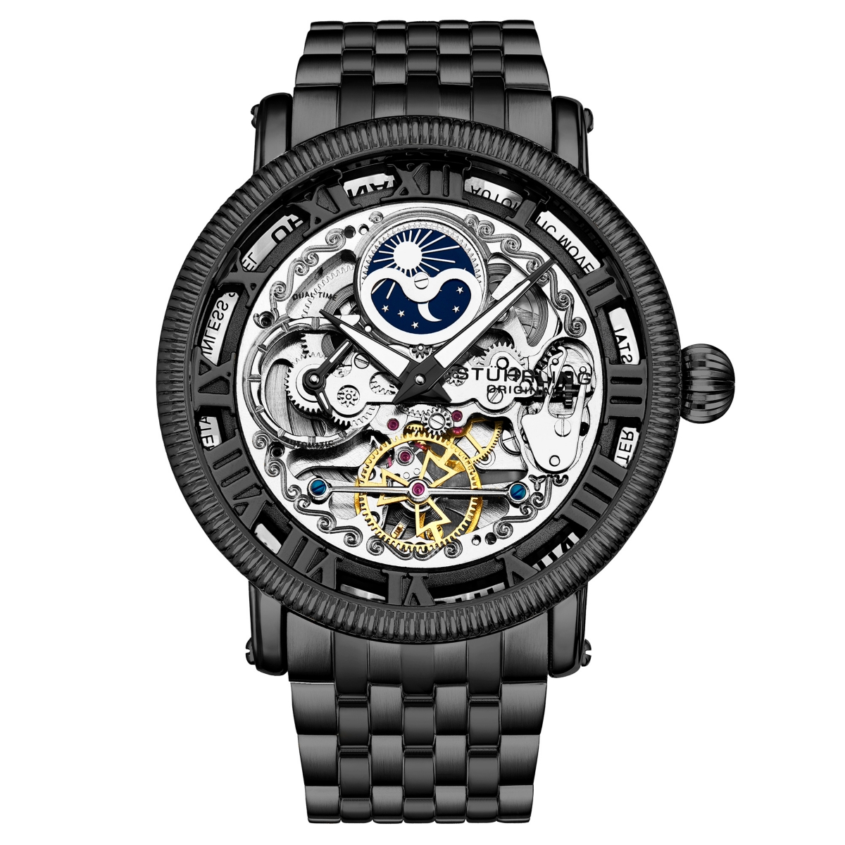 Original Model 3922 Men's Skeleton Automatic Stainless Steel Link Bracelet Watch - Black