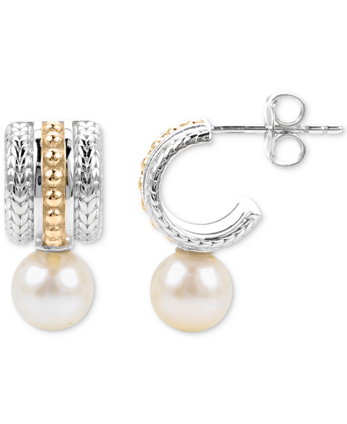 Macy's Cultured Freshwater Pearl (7mm) Huggie Hoop Earrings In Sterling Silver & 14k Gold-plate In Gold Over Silver