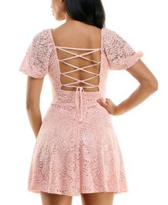 B Darlin Juniors' Puff-Sleeve Lace-Up Back Fit & Flare Dress - Macy's