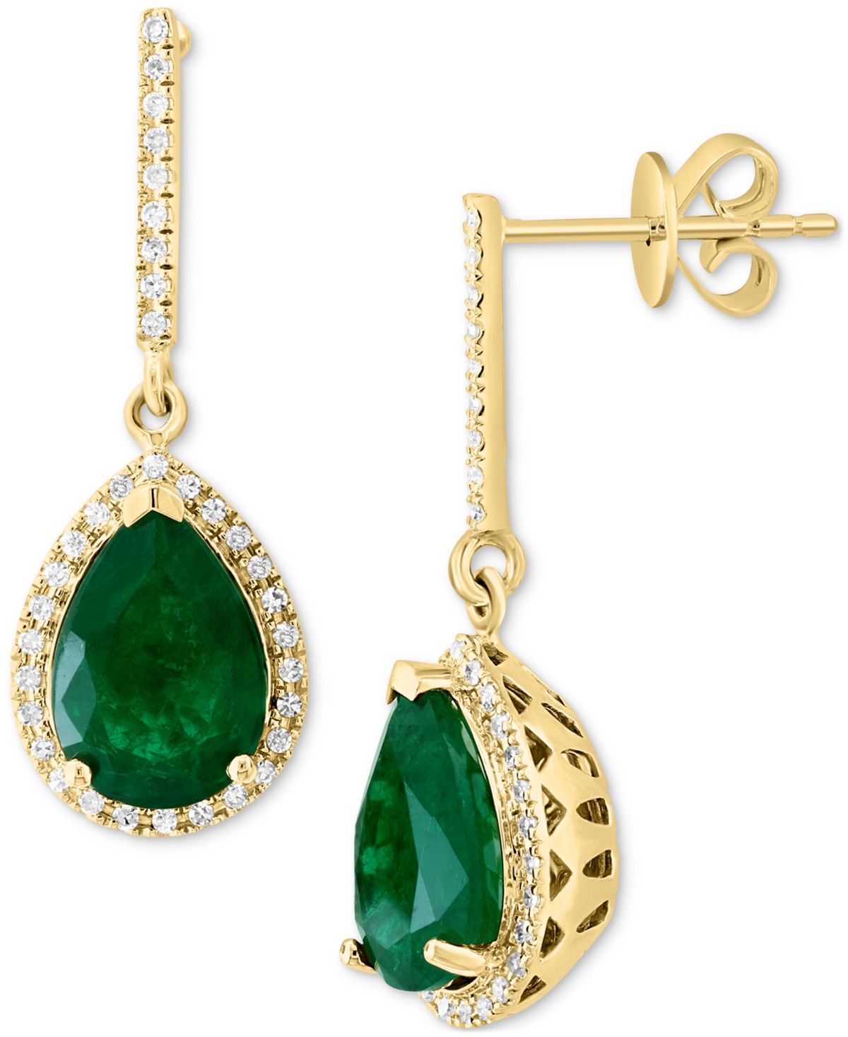 Effy Emerald (3-1/20 ct. t.w.) & Diamond (1/5 ct. t.w.) Pear Halo Drop Earrings in 14k Gold - K Gold