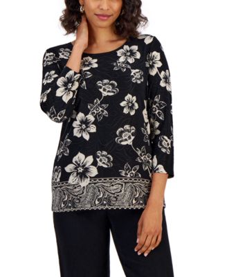 JM Collection - Petite Bold Blooms 3/4-Sleeve Jacquard Top