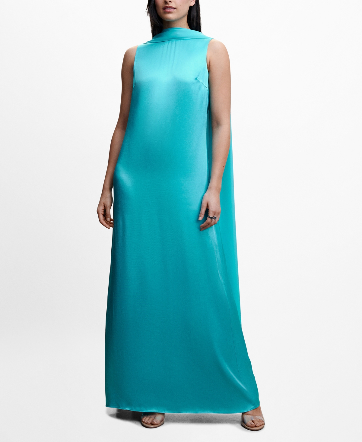 Mango Open Back Capelet Satin Maxi Dress In Turquoise | ModeSens