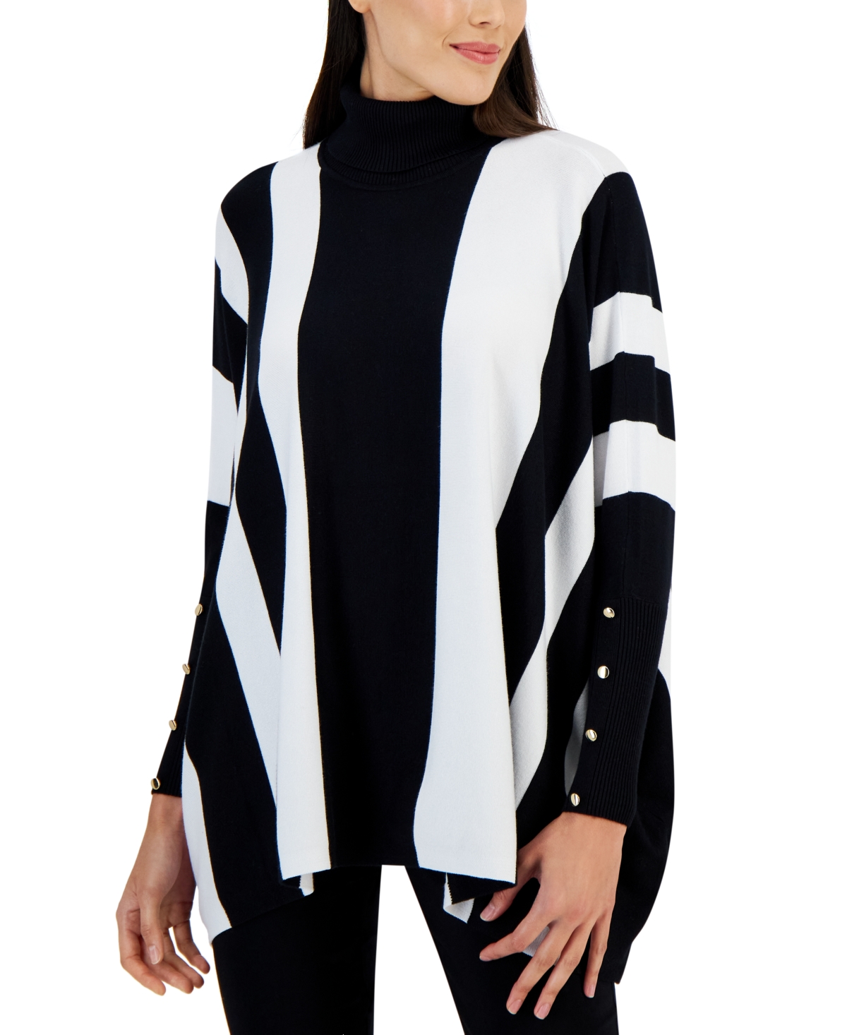 JM COLLECTION PETITE PRINTED PONCHO TURTLENECK SWEATER, CREATED FOR MACY'S