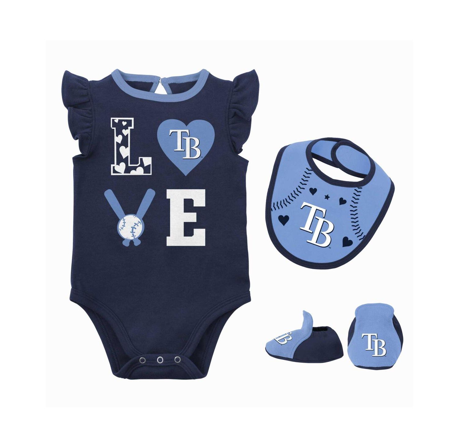Newborn and Infant Boys and Girls Navy, Light Blue Tampa Bay Rays Three-Piece Love of Baseball Bib, Bodysuit and Booties Set