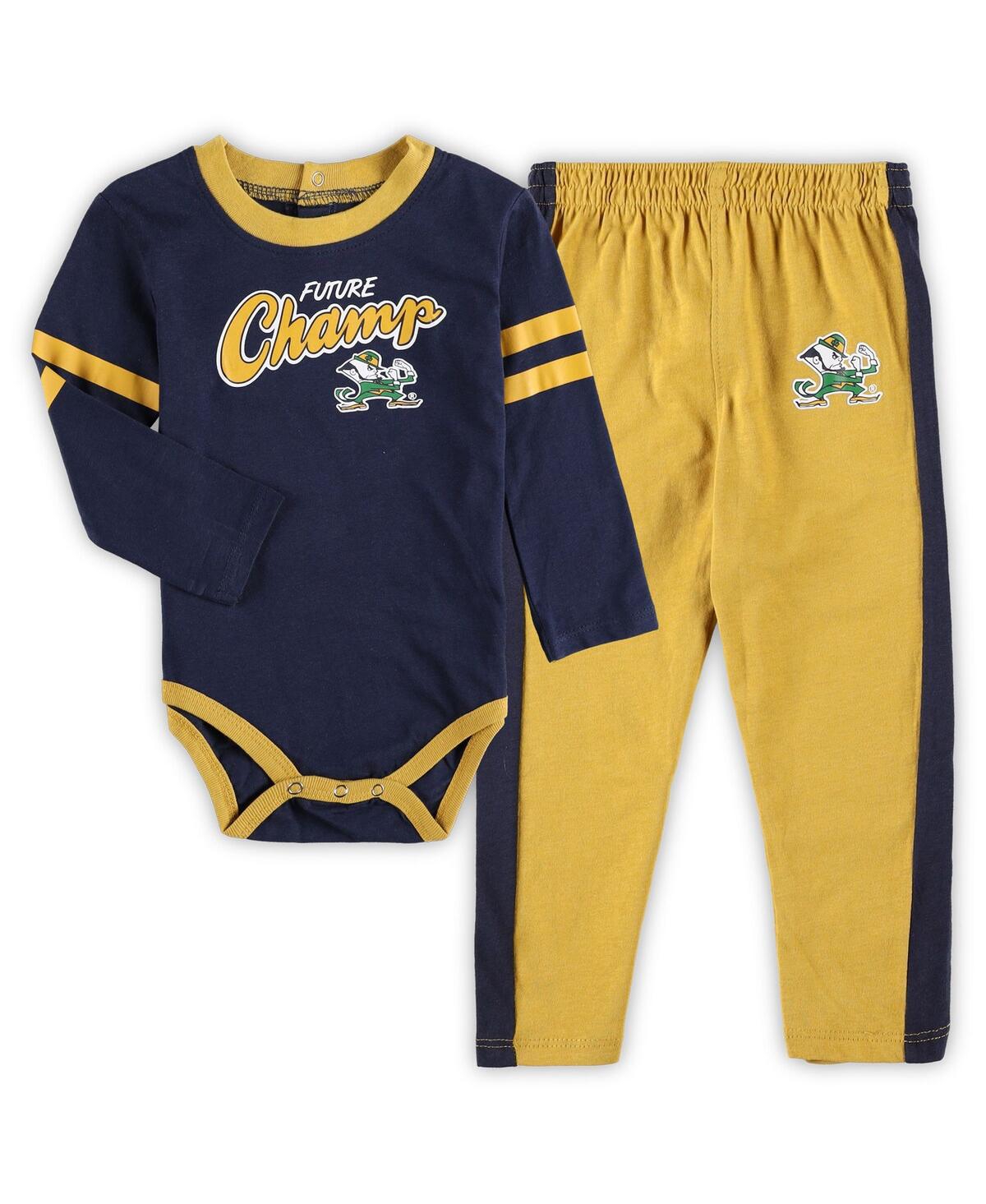 OUTERSTUFF INFANT BOYS AND GIRLS NAVY, GOLD NOTRE DAME FIGHTING IRISH LITTLE KICKER LONG SLEEVE BODYSUIT AND SW
