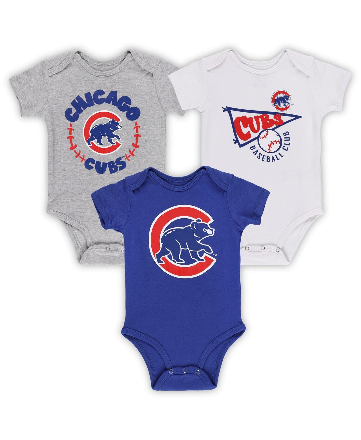 OUTERSTUFF INFANT BOYS AND GIRLS ROYAL, WHITE, HEATHER GRAY CHICAGO CUBS BIGGEST LITTLE FAN 3-PACK BODYSUIT SET
