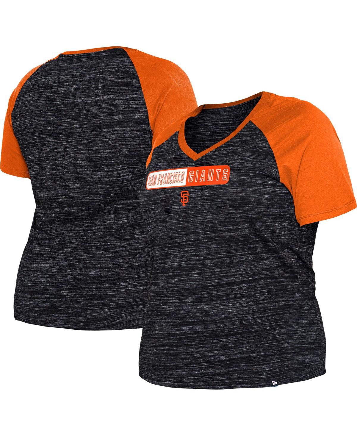 NEW ERA WOMEN'S NEW ERA BLACK SAN FRANCISCO GIANTS PLUS SIZE SPACE DYE RAGLAN V-NECK T-SHIRT 