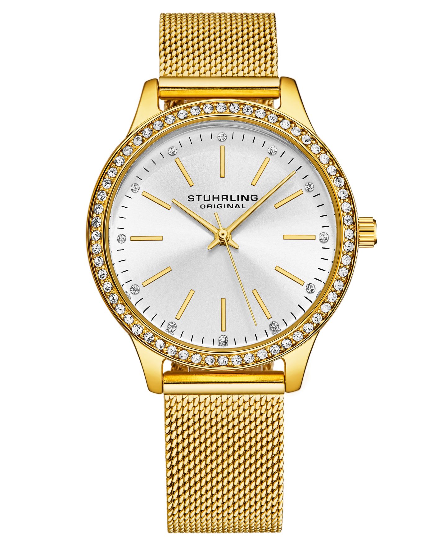 Женские часы Stuhrling Quartz Crystal Studded Gold Case and Gold Mesh Bracelet, Silver Dial, Gold Hands and Markers Watch, цвет: Золотой — фото 1
