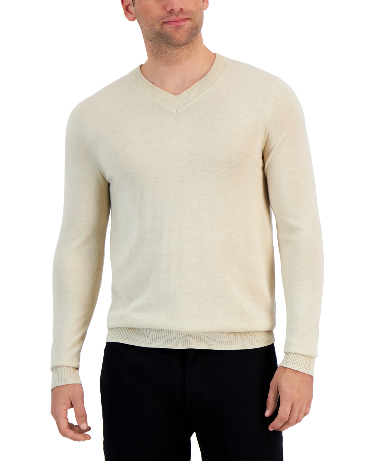 Men's Long-Sleeve V-Neck Merino Sweater, Created for Macy's - Brown Rice