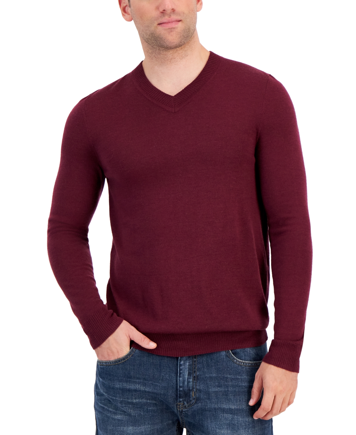 Men's Long-Sleeve V-Neck Merino Sweater, Created for Macy's - Maroon Banner
