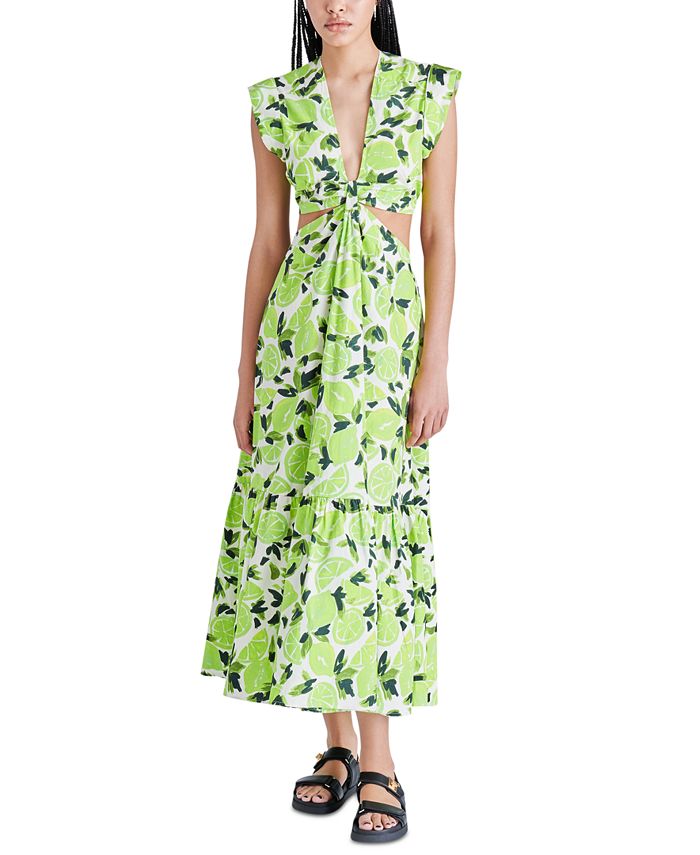 Steve Madden Women's Amanda Lime-Print Cotton Poplin Cutout Midi Dress ...