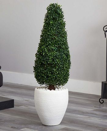 Nearly Natural - 41" Boxwood UV-Resistant Indoor/Outdoor Artificial Topiary with Textured White Planter