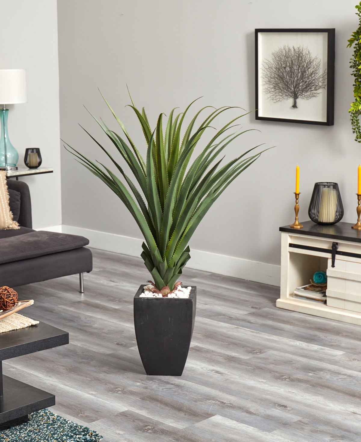 Nearly Natural 4.5' Spiked Agave Indoor/Outdoor Artificial Plant in Black Planter