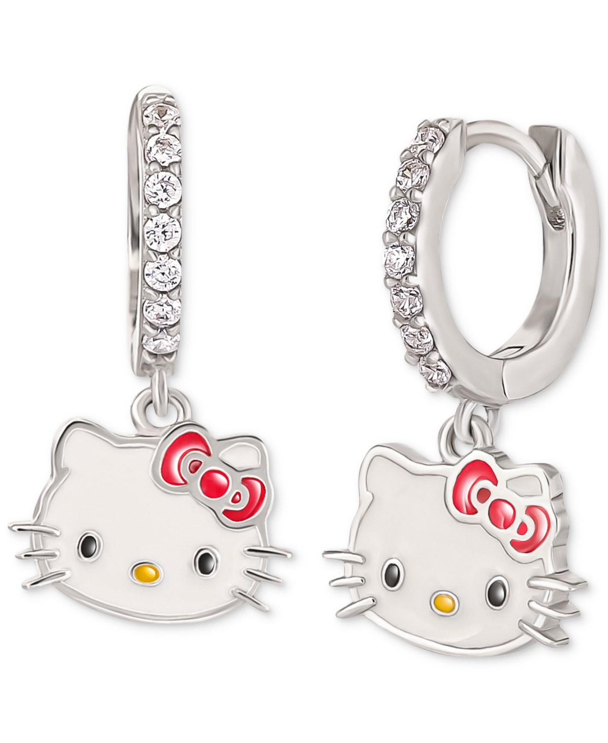 Macy's Cubic Zirconia & Enamel Hello Kitty Dangle Hoop Drop Earrings In Sterling Silver