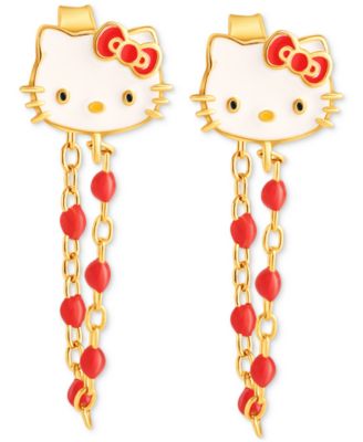 Enamel & Bead Chain Hello Kitty Front to Back Drop Earrings in 18k Gold-Plated Sterling Silver