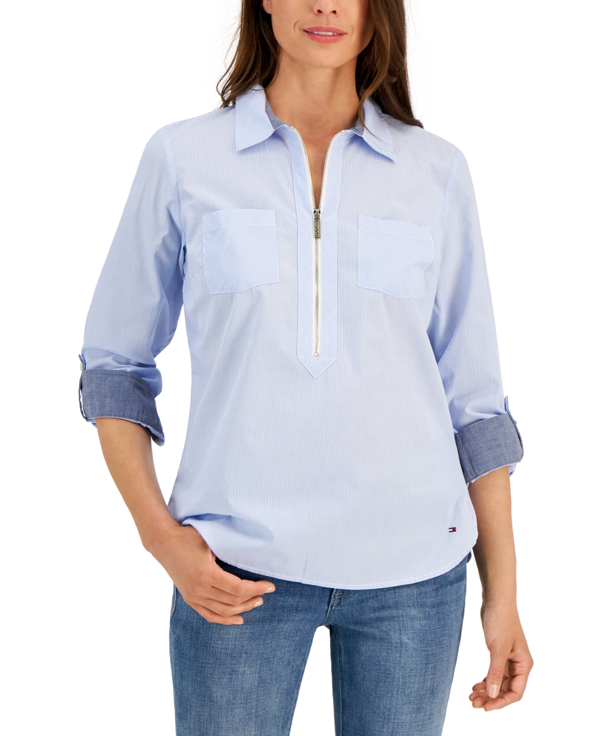 Tommy Hilfiger Women's Striped Cotton Zippered Utility Shirt In Crnflr Blu