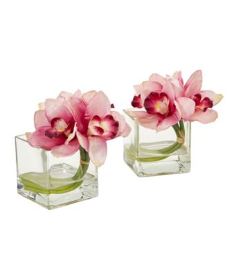 Nearly Natural - Cymbidium Orchid Artificial Arrangement in Glass Vase (Set of 2)