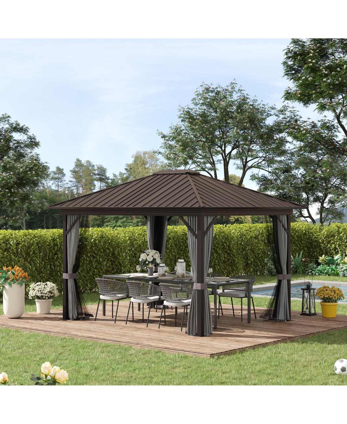 Outsunny 10' x 12' Hardtop Gazebo with Netting and Curtains, Galvanized Steel Roof, Hardtop Cover, Hook for Decorations, Light Weight Rust Resistant A