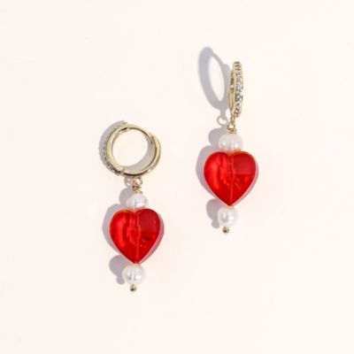 18K Gold Plated Freshwater Pearl with a Red Heart Shape Charm - Kokoro Earrings For Women