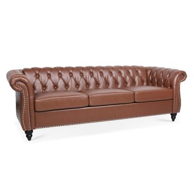 84.65" Brown PU Rolled Arm Chesterfield Three Seater Sofa