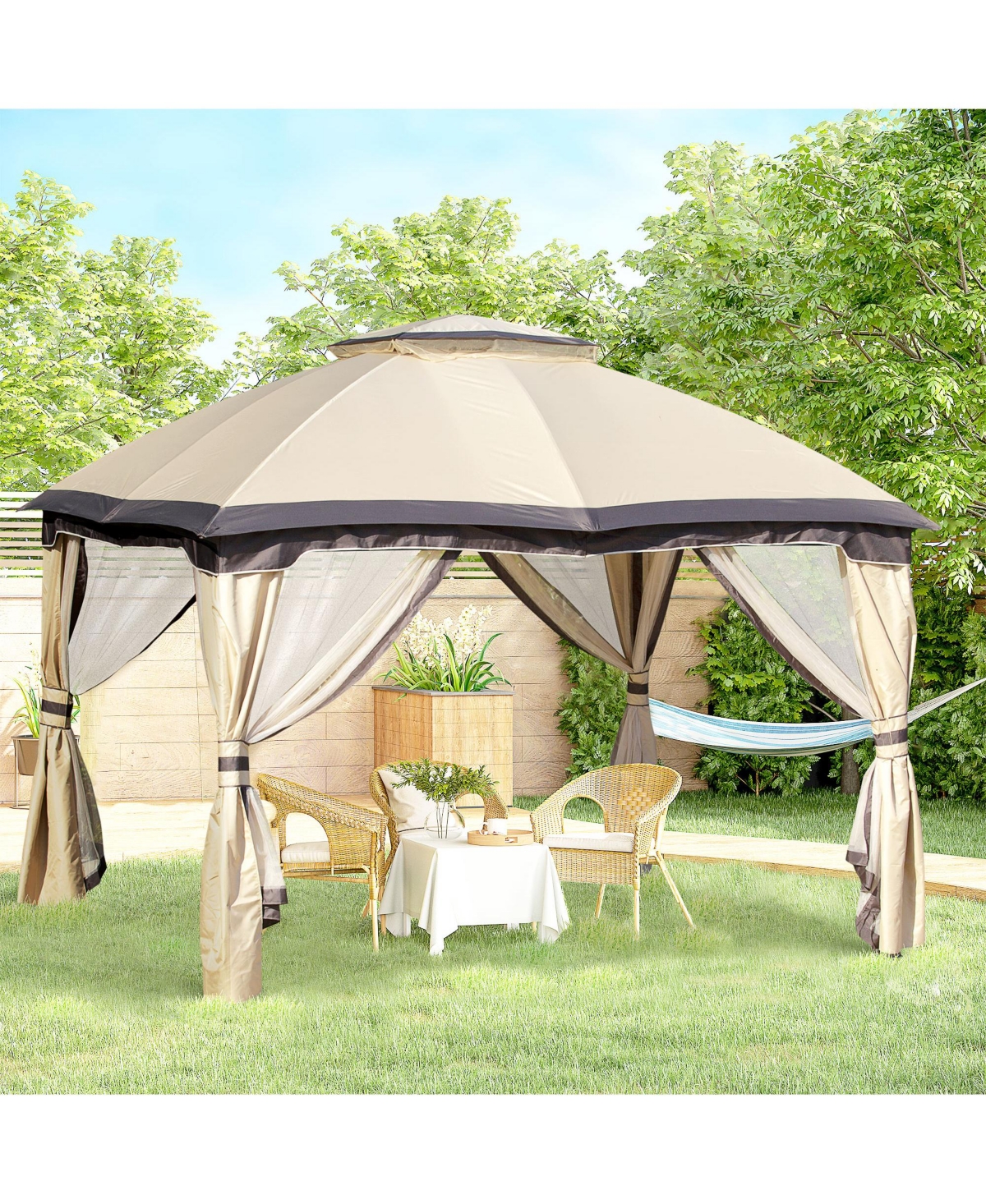 Outsunny 10' x 12' Outdoor Gazebo, Patio Gazebo Canopy Shelter w/ Double Vented Roof, Zippered Mesh Sidewalls, Solid Steel Frame,- Beige