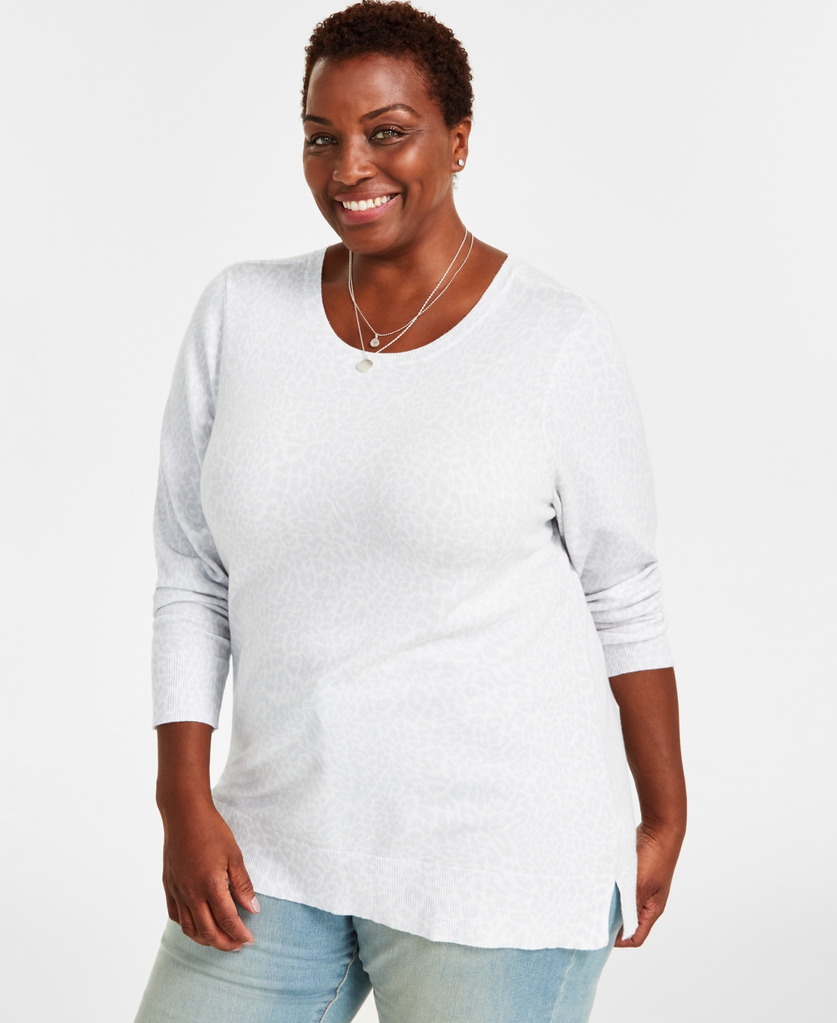 Style & Co Plus Size Animal-print Crewneck Sweater, Created For Macy's In Bright White