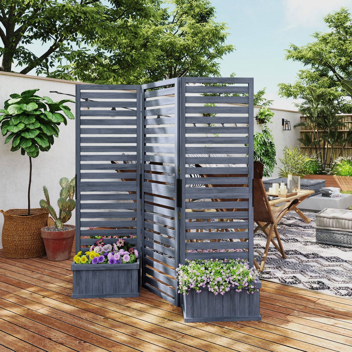 Freesding Outdoor Privacy Screen, 4 Self-Draining Planters,